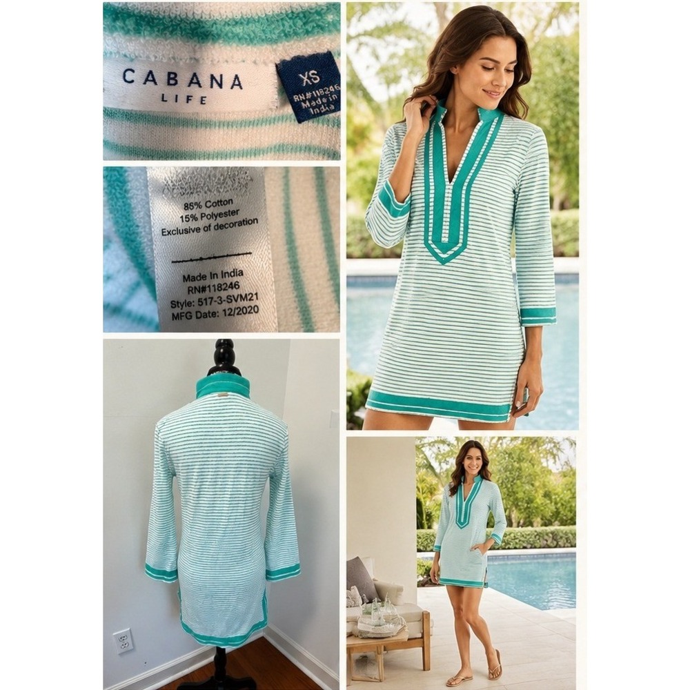 Cabana Life Tunic Dress Women XS Coastal Terry Cloth Striped Beach Coverup